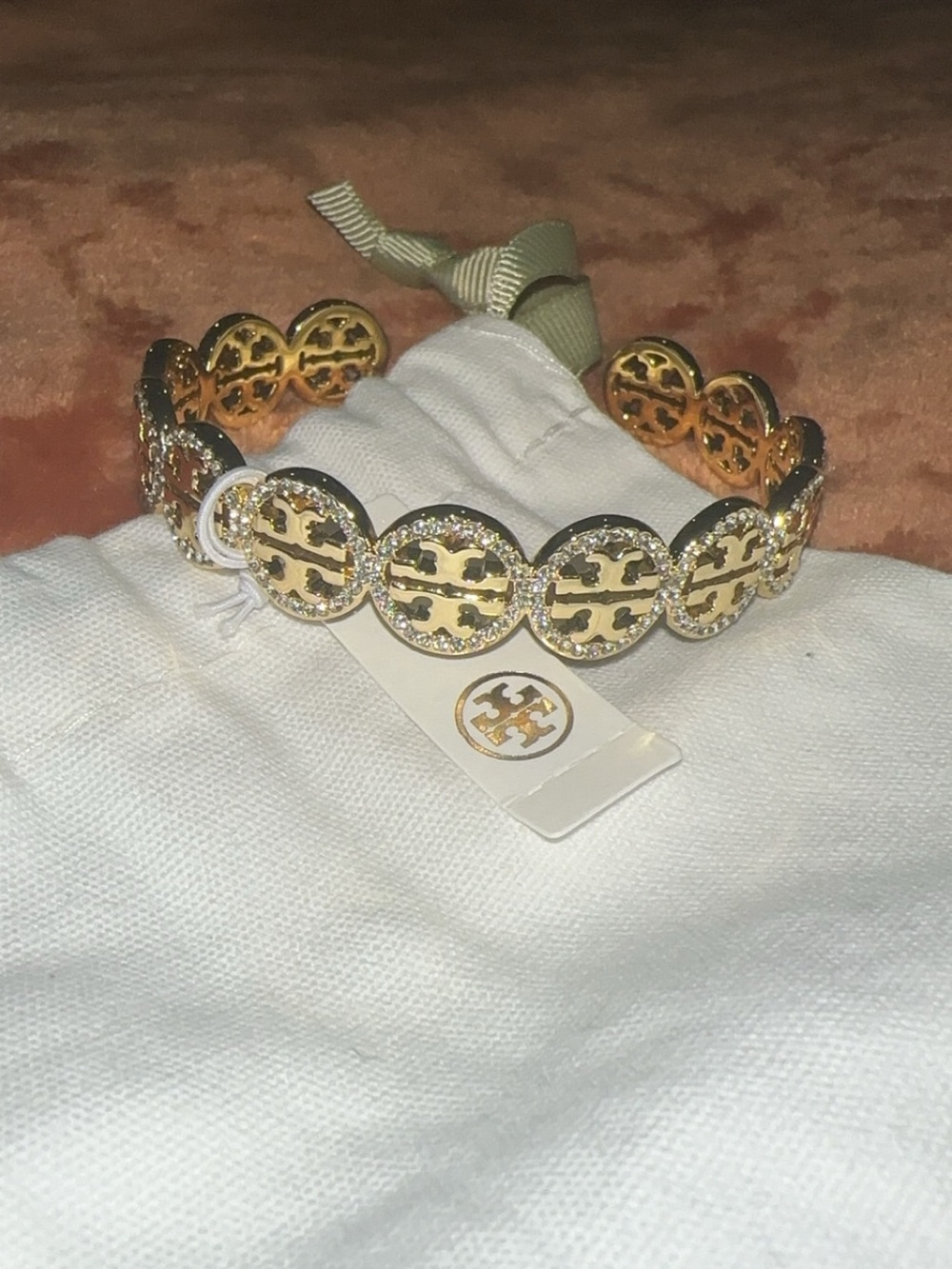 Tory Burch Gold Logo Disc Crystal-Trim Bracelet